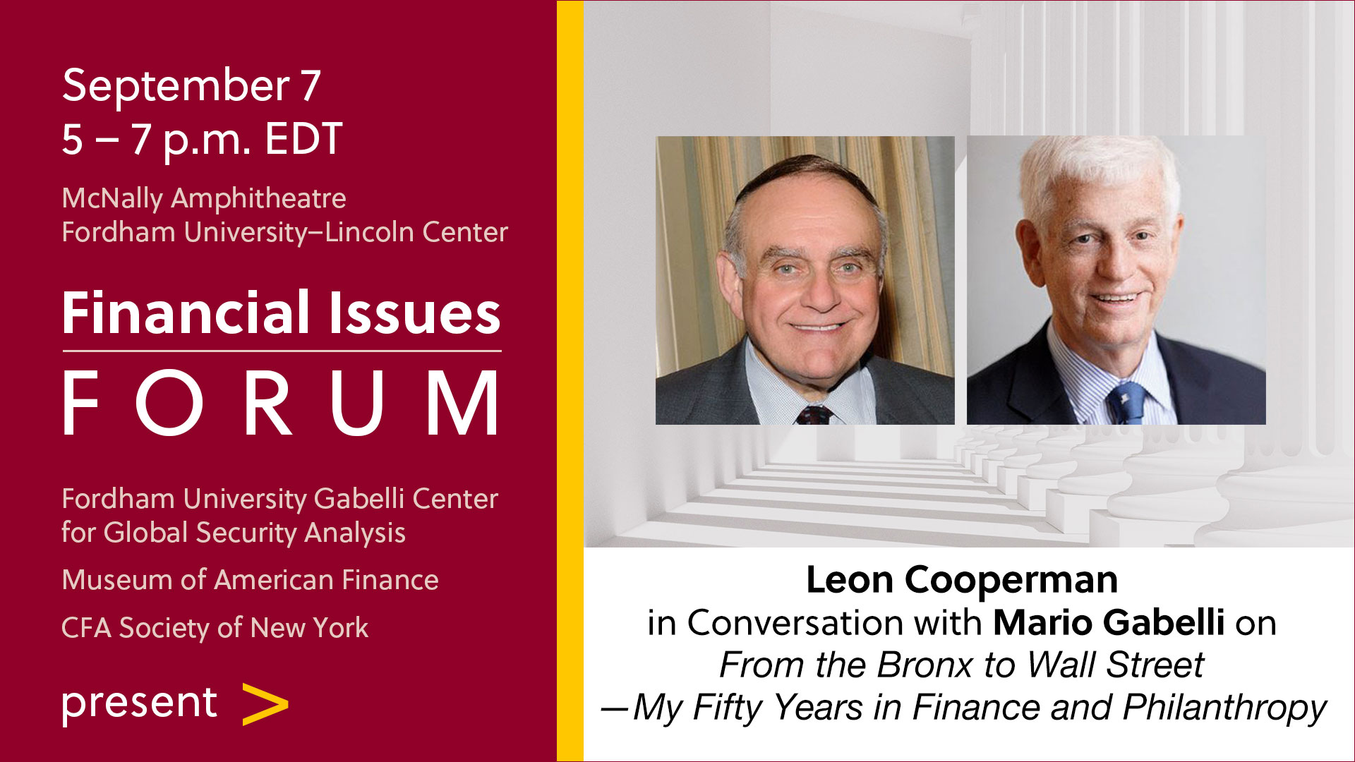 Leon Cooperman and Mario Gabelli smiling along with event information.