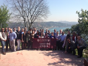 Students in the Executive MBA program at Lincoln Center went to Bogazici University in Turkey. This photo was taken with the Bosphorus in the background.