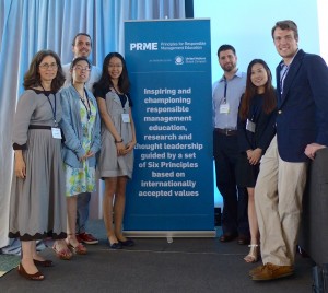 From left,  Carey Weiss, sustainability initiatives coordinator at the Gabelli School, with students Alicia Zhan, Dren Pozhecu, Gracie Zhang, Josh Levine, Nancy Kang  and Sean Sullivan.
