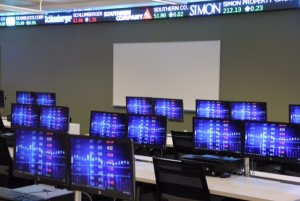 The electronic-trading floor is located on the first floor of the new home of the Gabelli School of Business at Lincoln Center. (Photo by John Schoonejongen)
